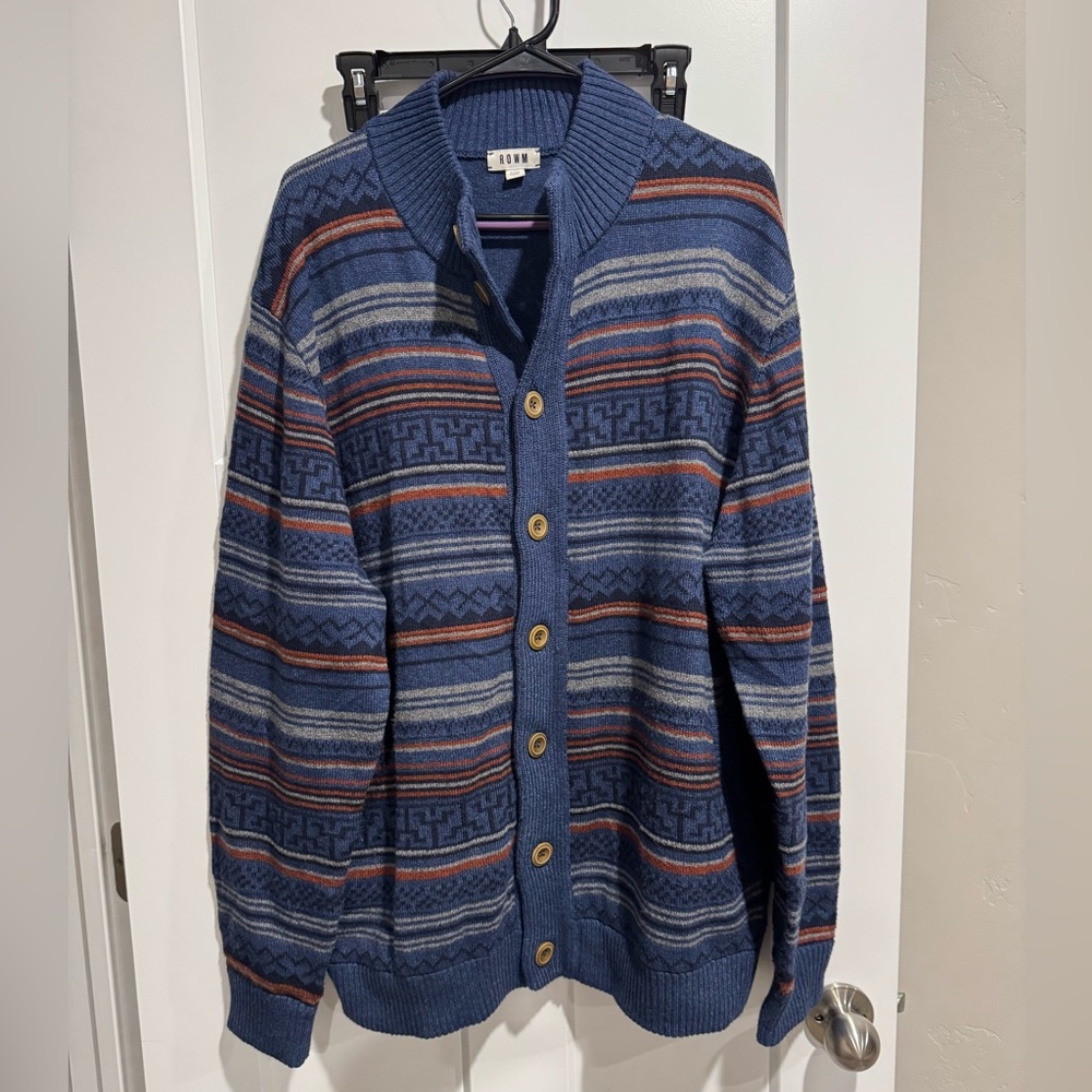 ROWM Men's Long Sleeve Mock Neck Tribal Knit Cardigan Blue - XXL
